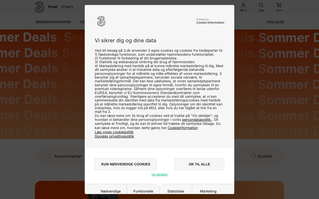 Skærmbillede af 3 (Tre)s hjemmeside