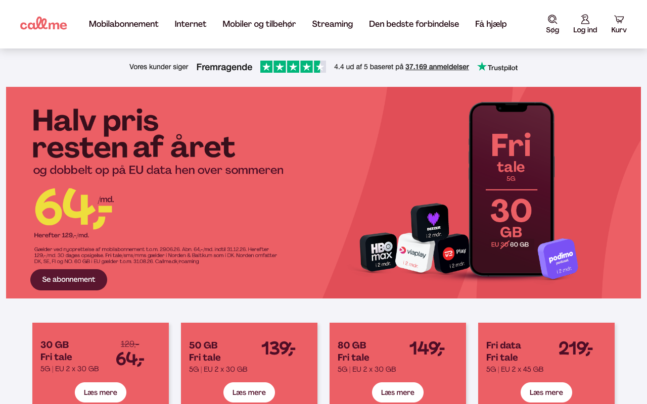 Skærmbillede af Call mes hjemmeside