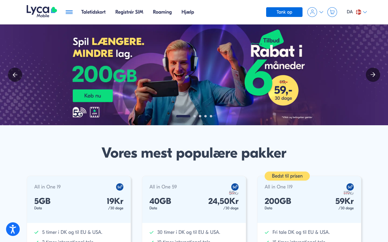 Skærmbillede af Lyca Mobiles hjemmeside