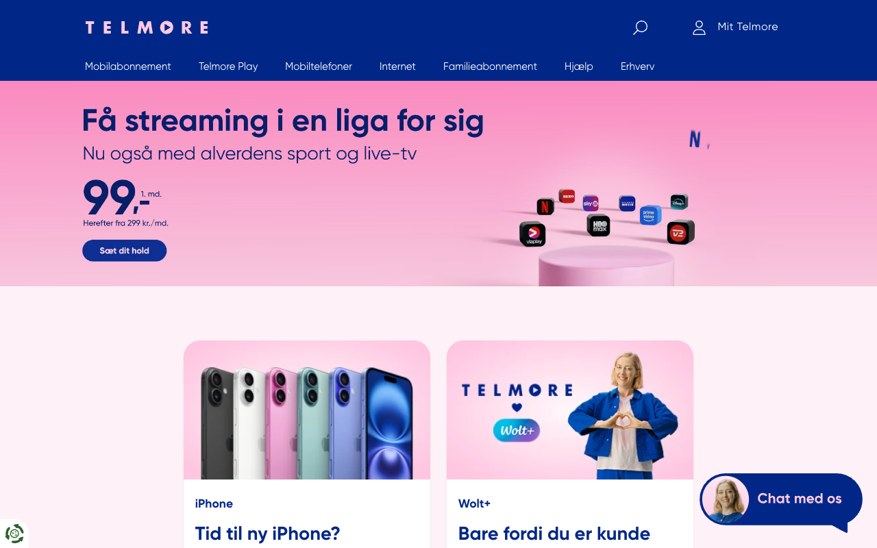 Skærmbillede af Telmores hjemmeside